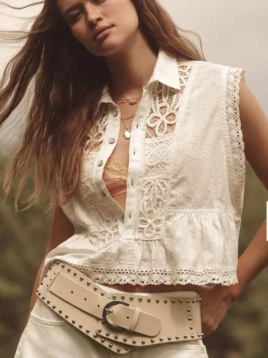 Anthropologie Pilcro Crop Swing Blouse Eyelet Lace NWT XL Boho Cottagecore Top - Picture 1 of 8